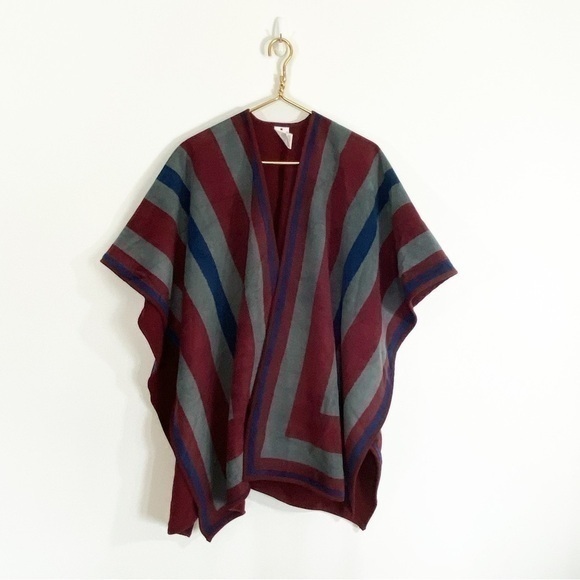 Woolrich‎ Maroon Gray Striped Blanket Poncho Cape Shawl OS One Size Fleece - Picture 2 of 7